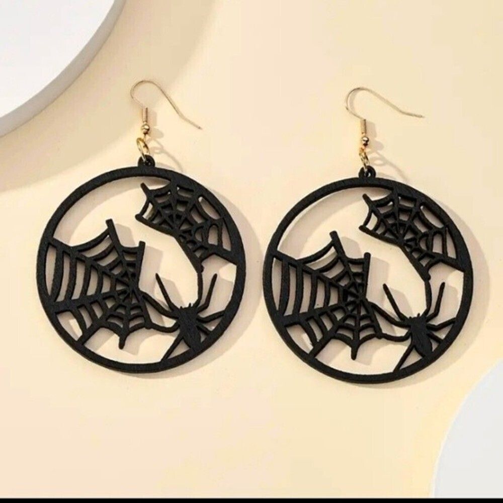 Black spider web earrings hollowed out wood